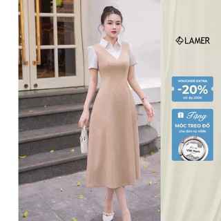Đầm Phối Sơ Mi Dáng Xoè Váy Yếm Cổ Tim LAMER O63L25H016