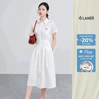 Đầm nữ dáng xòe cổ đức chun eo, thêu nơ nữ tính VIEN TRAN V63L25H014