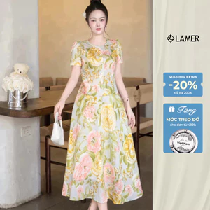 Áo Kiểu Nữ Dáng Suông Cổ Tròn Đính Ngọc Trai Phối Chân Váy Dáng Xoè Dài Hoạ Tiết LAMER L61B25H042 L62L25H007