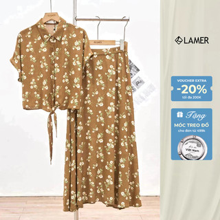 Áo dáng suông cổ đức buộc vạt phối chân váy dáng xòe, cạp chun LAMER L62L25H008 L61H25H031