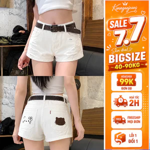 Quần Short Jean Nữ Trắng Cạp Trễ Lưng Cao, Quần Đùi Sooc Phối Rách Thêu Mèo Mickey Nâng Mông MS1325