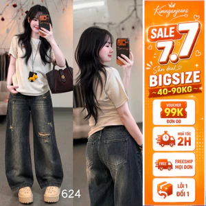 Quần Jean Nữ Bigsize 55–90kg, Quần Bò Ống Suông Phối Baggy Form Boy Thụng Lưng Cao Che Bắp Chân MS624