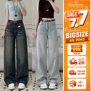 Quần Jeans Nữ Bigsize 55-90kg Đính Đá Ống Suông Rộng Sang Trọng, Quần Bò Form Dáng Ống Rộng Ms241