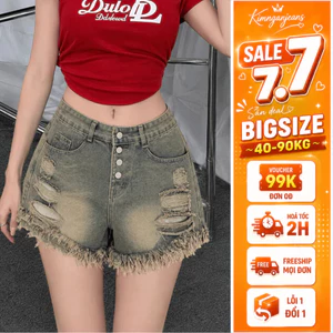 Quần Sooc Jean Nữ Bigsize 40-90kg, Quần Đùi Bò lưng cao rách 4 nút ống tua rua HÁCH DÁNG MS1093