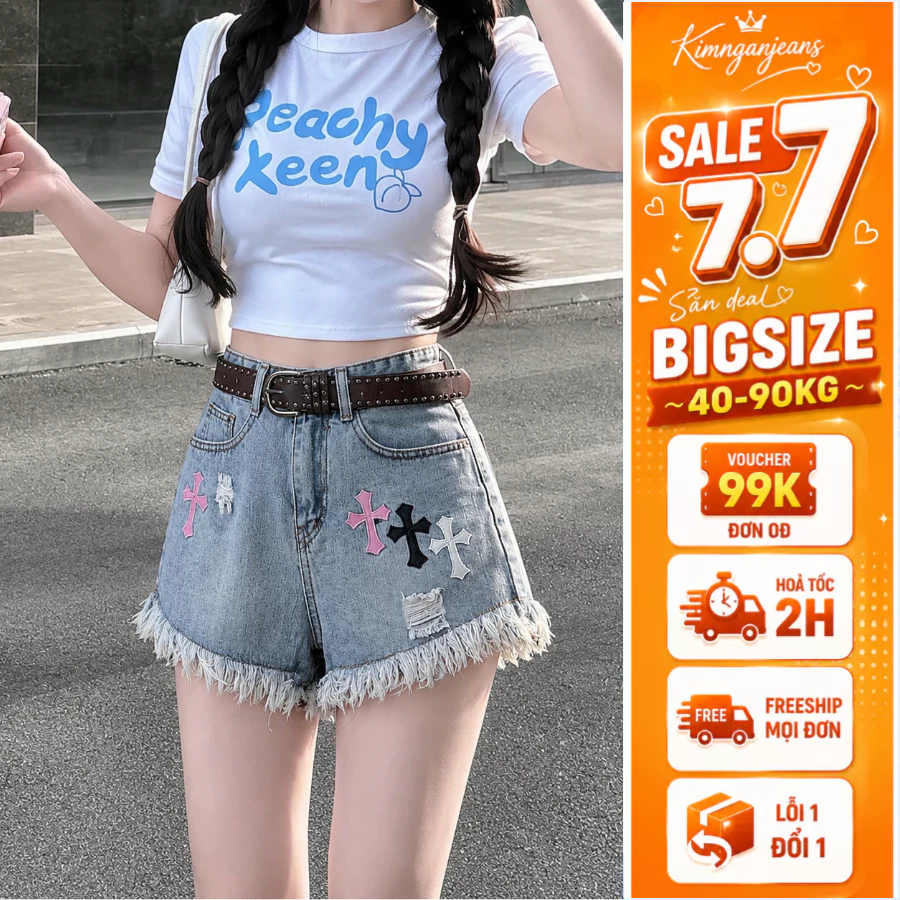 Quần Short Jean Nữ Bigsize 55-90kg Thêu Chữ Thập Phối Màu, Quần Đùi Bò Nữ Gấu Tua Rua MS1319