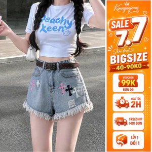 Quần Short Jean Nữ Bigsize 55-90kg Thêu Chữ Thập Phối Màu, Quần Đùi Bò Nữ Gấu Tua Rua MS1319