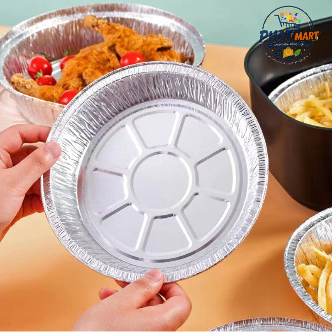 Khay Nhôm Tròn 22cm Lót Nồi Chiên Không Dầu, Đĩa Giấy Bạc Nướng Bánh Chịu Nhiệt