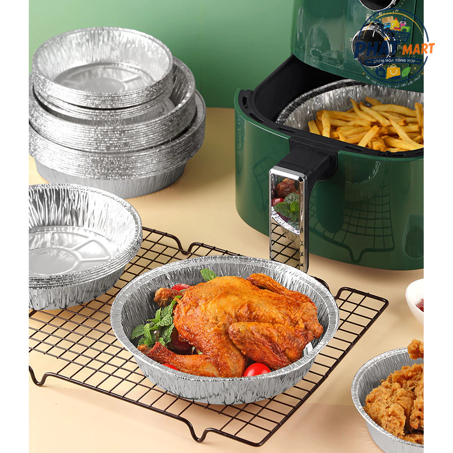 Khay Nhôm Tròn 22cm Lót Nồi Chiên Không Dầu, Đĩa Giấy Bạc Nướng Bánh Chịu Nhiệt