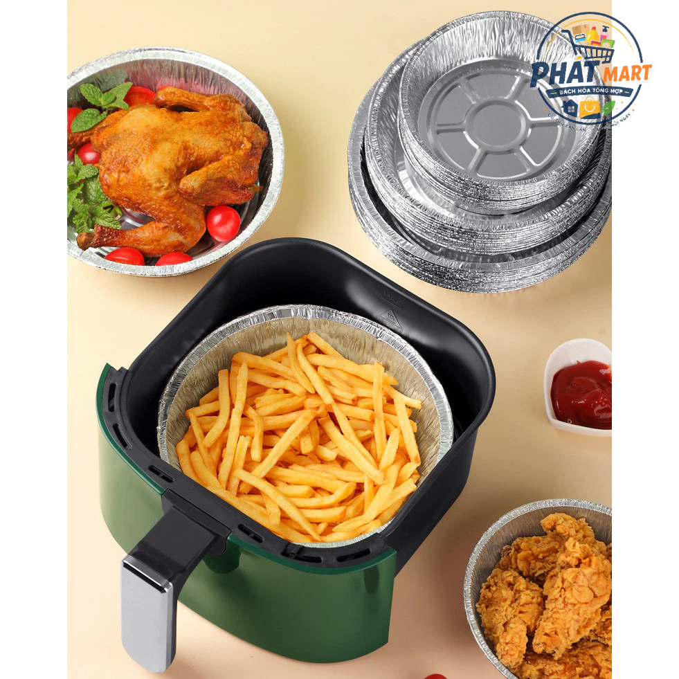 Khay Nhôm Tròn 22cm Lót Nồi Chiên Không Dầu, Đĩa Giấy Bạc Nướng Bánh Chịu Nhiệt