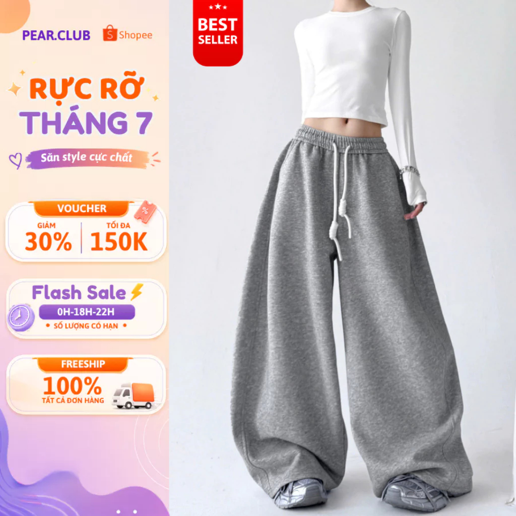 Quần nỉ ống rộng PEAR.CLUB, quần ống siêu rộng phối dây BIGSIZE mặc mùa hè đi biển nhảy dance, cá tính ghi xám Q128 | BigBuy360 - bigbuy360.vn