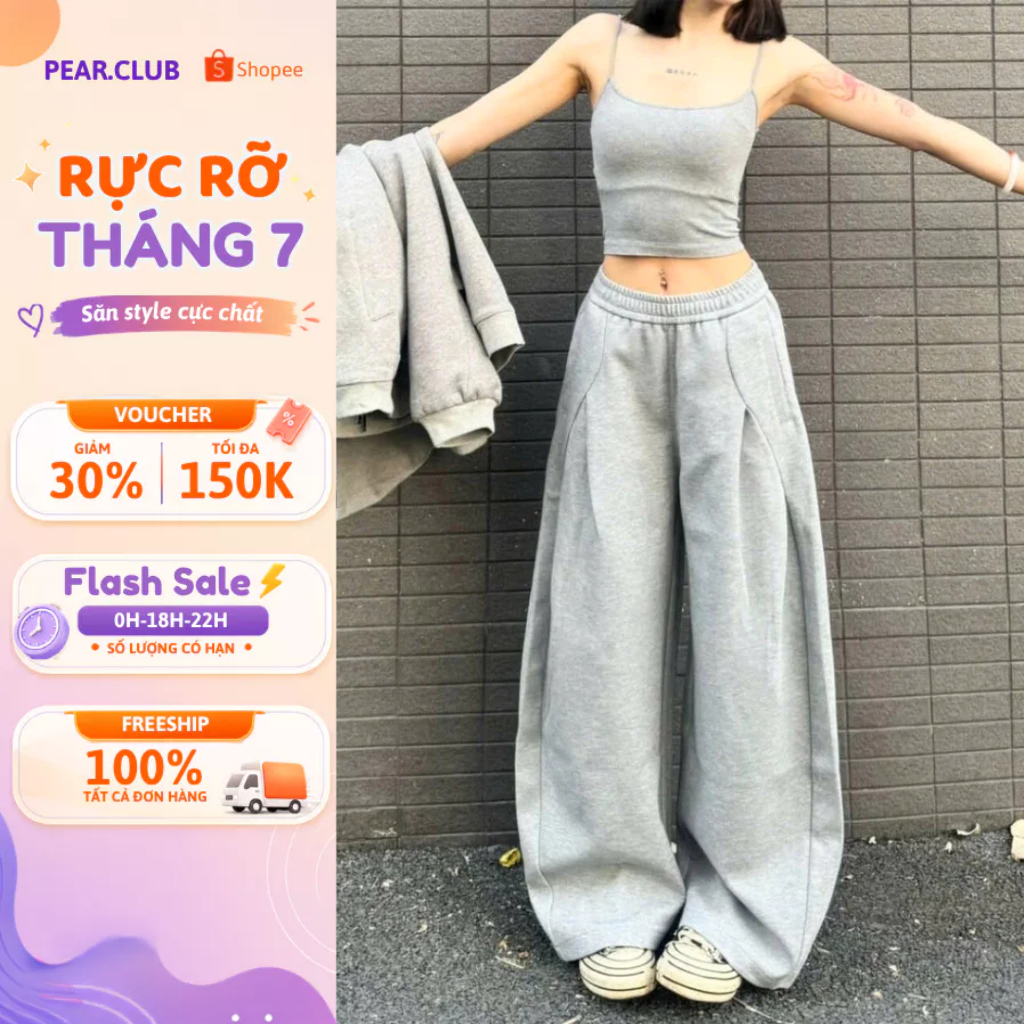 Quần nỉ ống rộng nam nữ PEAR.CLUB, quần dài ống suông cạp cao BIGSIZE nỉ 2 da màu, xám, đen Q120 | BigBuy360 - bigbuy360.vn