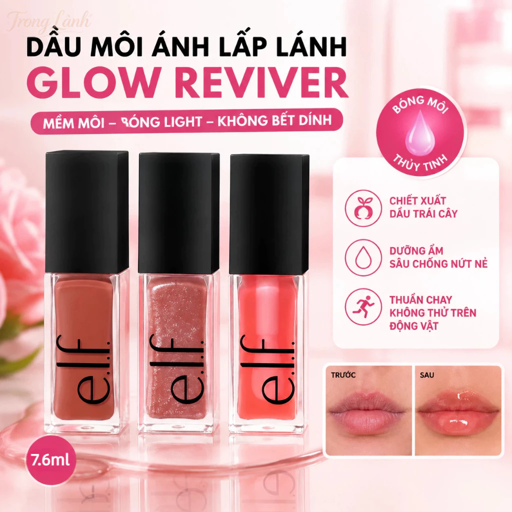 Son Bóng ELF Glow Reviver Plumping Lip Oil Giúp Môi Căng Đầy Mọng Nước Cấp Ẩm Nhiều Màu 7.6ml