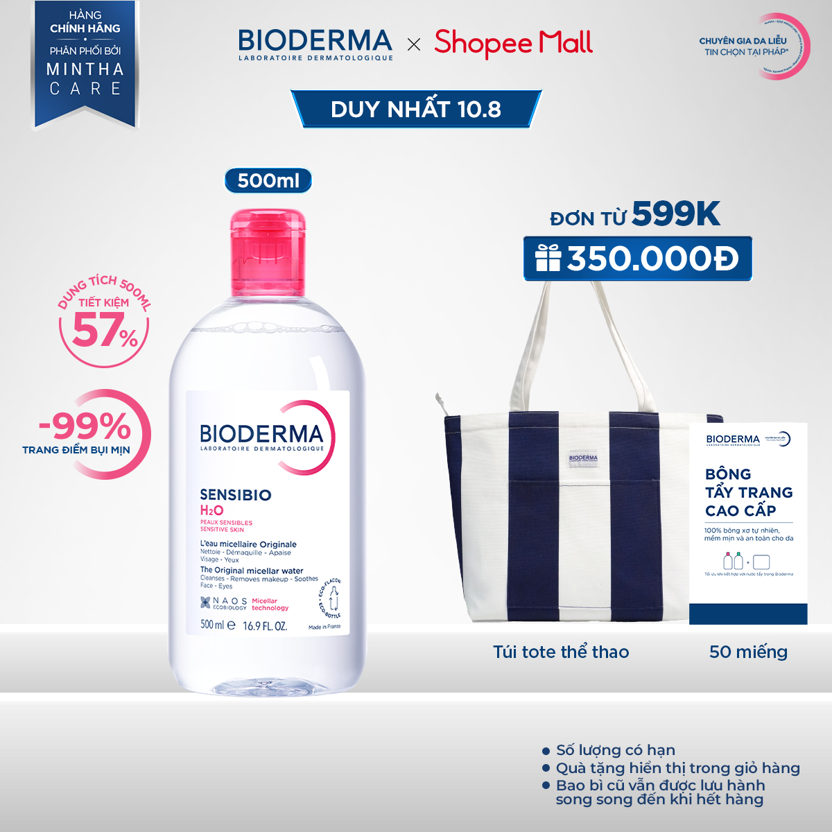 Dung dịch làm sạch và tẩy trang công nghệ Micellar cho da thường & nhạy cảm Bioderma Sensibio H2O – 500ml