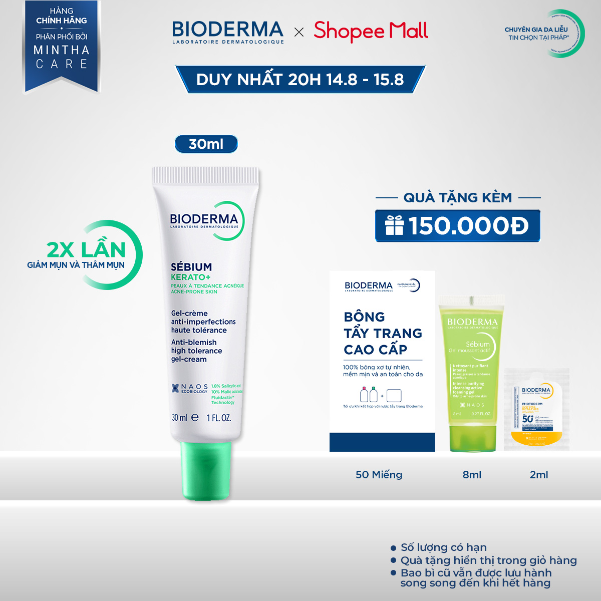 Kem dưỡng hỗ trợ giảm mụn chuyên sâu cho da mụn nhẹ đến trung bình Bioderma Sébium Kerato+ 30ml