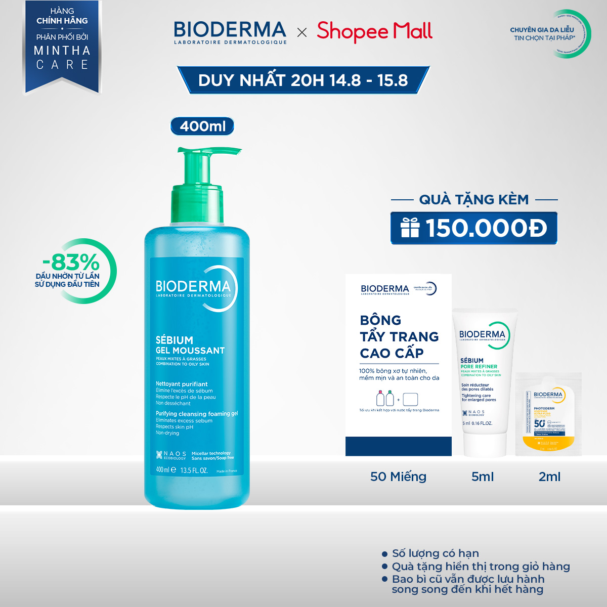 Gel rửa mặt tạo bọt, không chứa xà phòng Bioderma Sebium Gel Moussant - 400ml