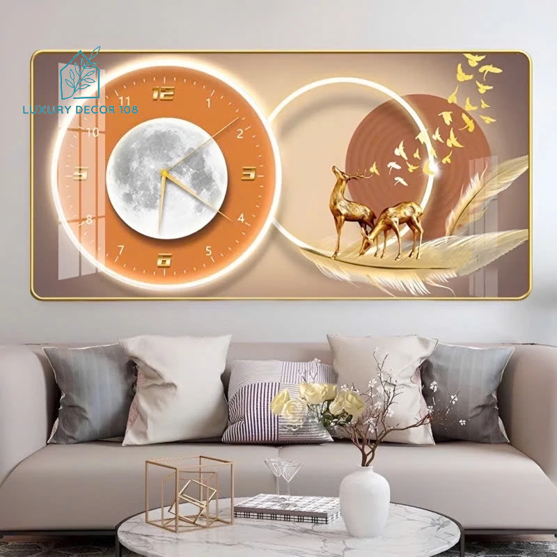 Đồng Hồ Tráng Gương KIM TRÔI " HUƠU PHÚ QUÝ TÀI LỘC "  In UV 5D Cao Cấp - Trang Trí Nhà Cửa