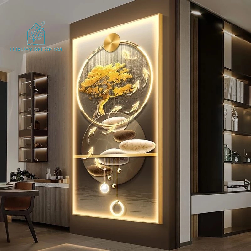 [ TRANH ĐÈN LED ] Tranh TRÁNG GƯƠNG + ĐÈN LED 220V "HƯƠU PHÚ QUÝ TÀI LỘC" In UV5D / Trang Trí Phòng Khách/ Phòng Ăn.