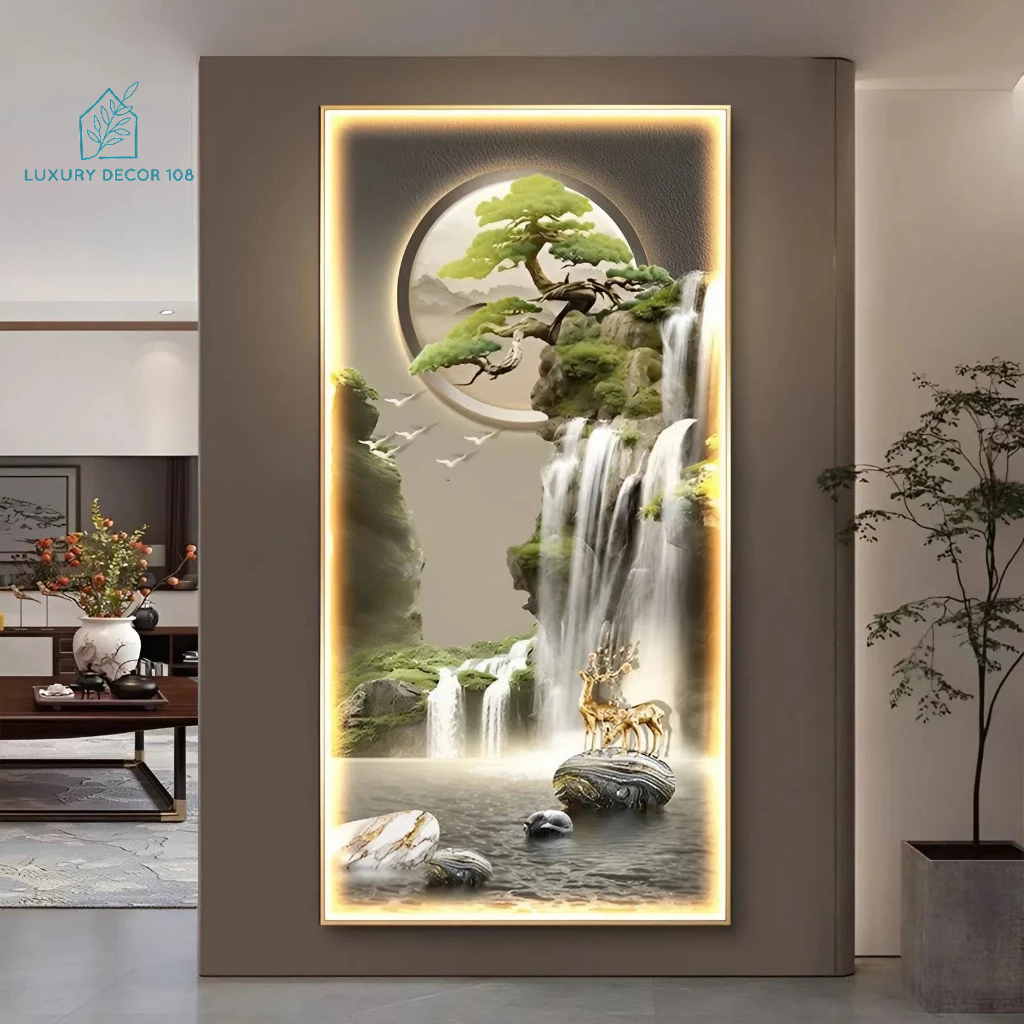 [TRANH ĐÈN LED] Tranh Tráng Gương + ĐÈN LED CAO CẤP  "HƯƠU PHÚ QUÝ TÀI LỘC" In UV5D Cao Cấp - Trang Trí Phòng Khách.