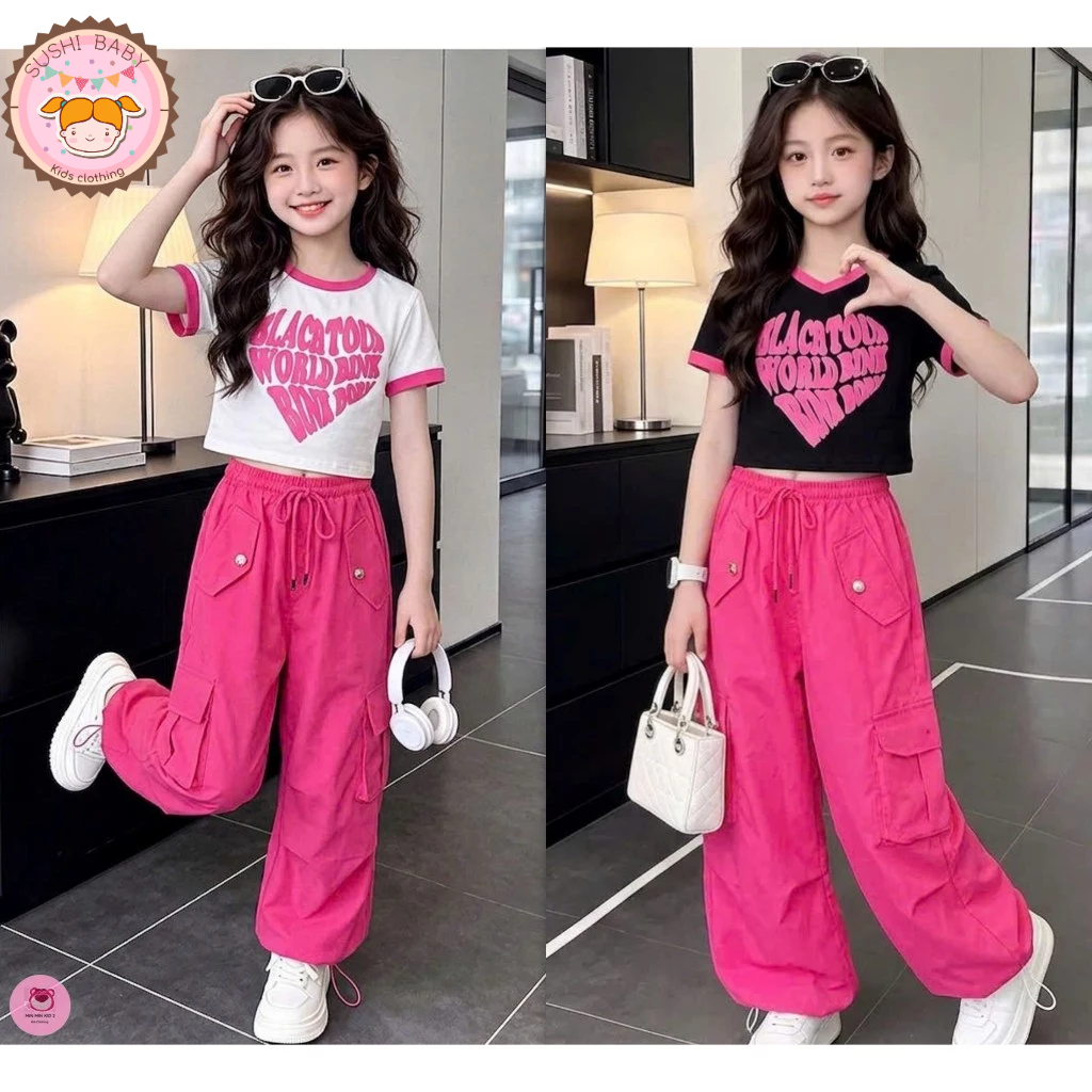 (16-45kg, dưới 1m55) Set áo croptop HOẠ TIẾT TIM BLACKPINK phối quần kaki thô túi hộp đồ nhảy hiphop cho bé gái - MM01