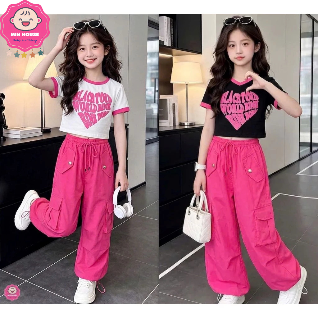 (16-45kg, dưới 1m55) Set áo croptop HOẠ TIẾT TIM BLACKPINK phối quần kaki thô túi hộp đồ nhảy hiphop cho bé gái - MM01