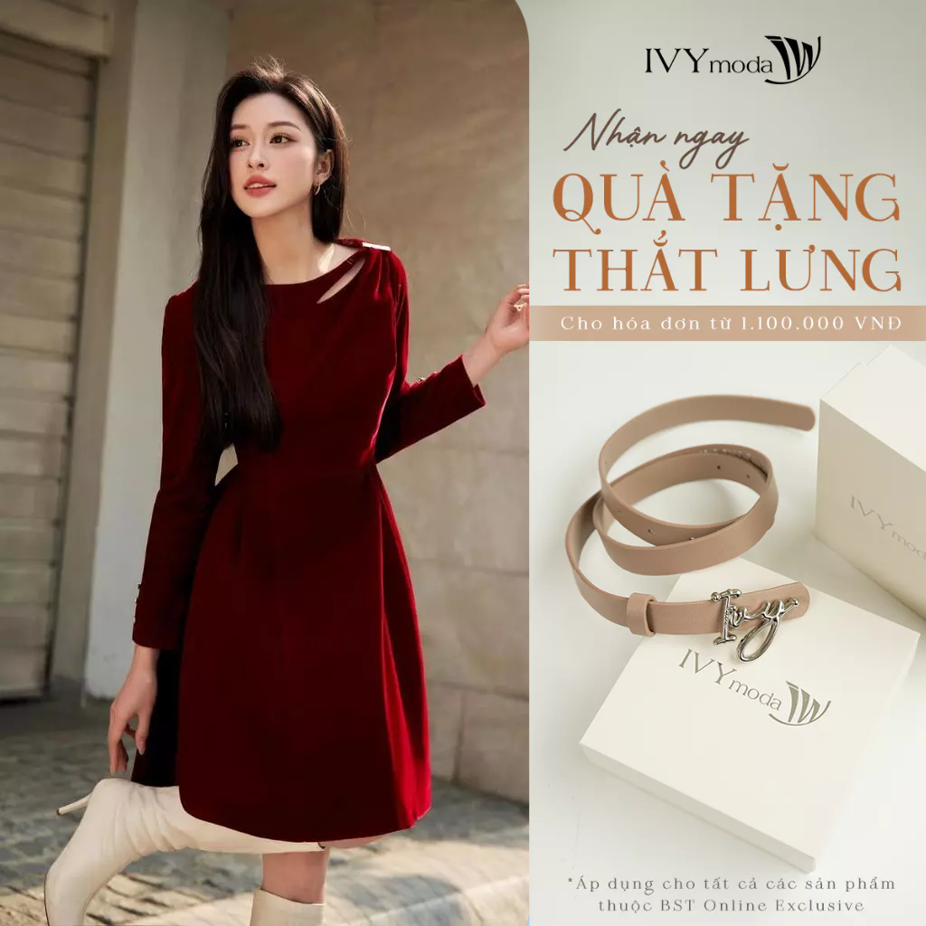 Đầm nhung đỏ dáng A xếp lệch vai độc đáo, Đầm dạo phố nữ IVY moda MS 48T0291