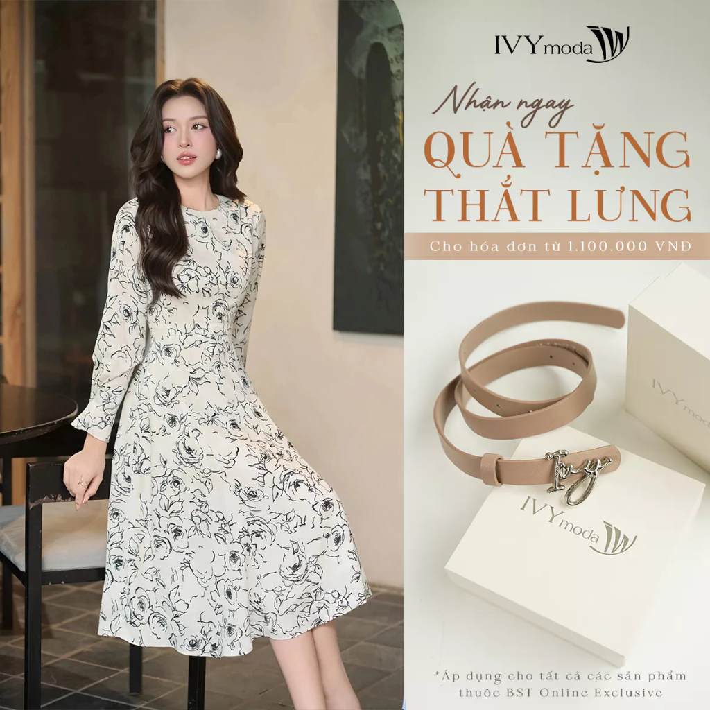 Đầm lụa tay dài họa tiết cổ tròn, Đầm dáng midi công sở dạo phố nữ IVY moda MS 48T0286