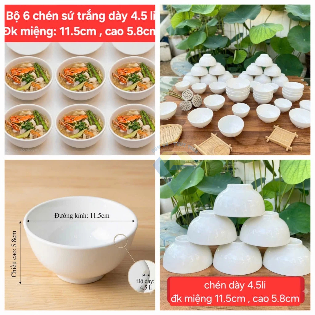 Bộ 6 chén sứ 4.5'' , 6 chén sứ trắng dày đường kính miệng 11.4cm, dày 4.5 li , chén ăn cơm, chén đựng soup