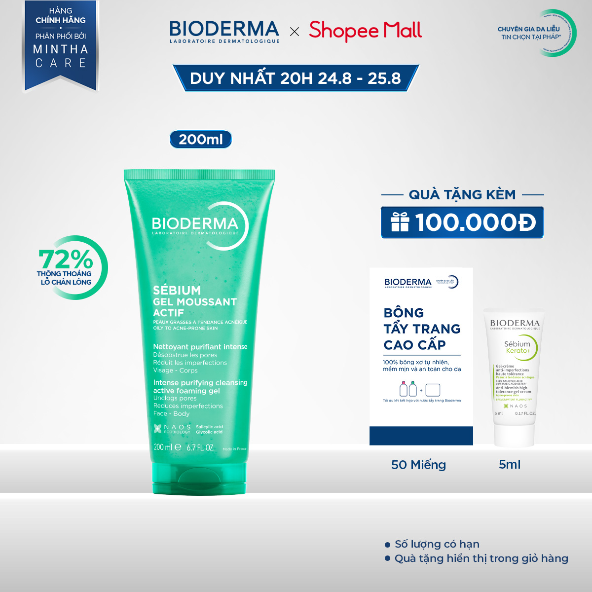 Gel rửa mặt làm sạch sâu và giảm mụn Bioderma Sébium Gel moussant actif – 200ml