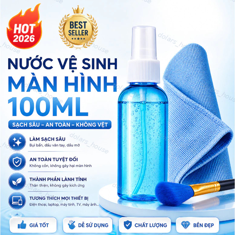 Nước Vệ Sinh Màn Hình 100ML Kèm Khăn Microfiber Cọ Mềm Lau Laptop Điện Thoại TV Tablet Sạch Bụi Dấu Vân Tay