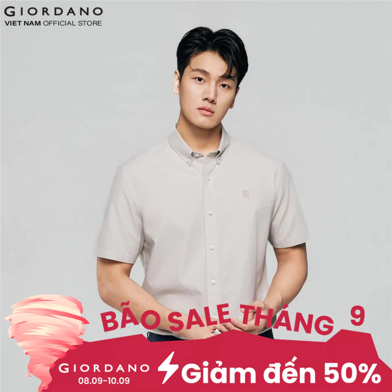 GIORDANO Áo Sơ Mi Nam Ngắn Tay Thêu Logo Sư Tử Cotton Oxford Lion Shirt 01046283 — ảnh 1