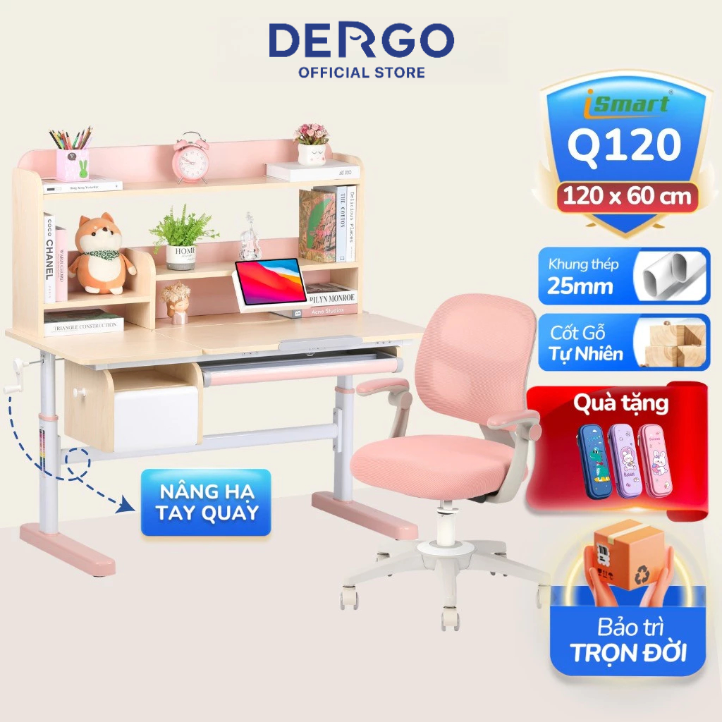Bộ Bàn Học Thông Minh DERGO iSmart Q120 Bàn Học Cho Bé 3-18 Tuổi kích thước lớn, có giá sách