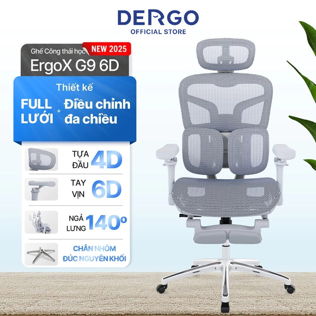 [MỚI - VOUCHER 200K] Ghế Công Thái Học Ergonomic DERGO ErgoX Full Lưới Chân Nhôm, Tay vịn Đa Chiều, Ngả 140°