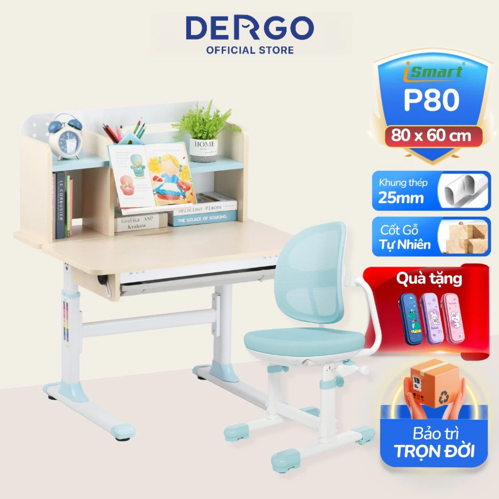 Bộ Bàn Ghế Học Sinh DERGO iSmart P80 Bàn Học Thông Minh Chống Gù Chống Cận Nâng Hạ Cho Bé