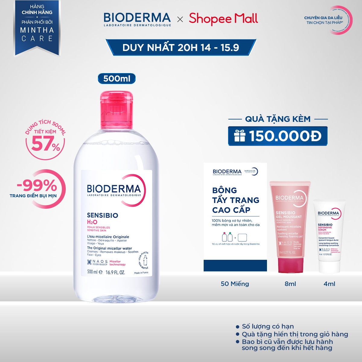 Dung dịch làm sạch và tẩy trang công nghệ Micellar cho da thường & nhạy cảm Bioderma Sensibio H2O - 500ml