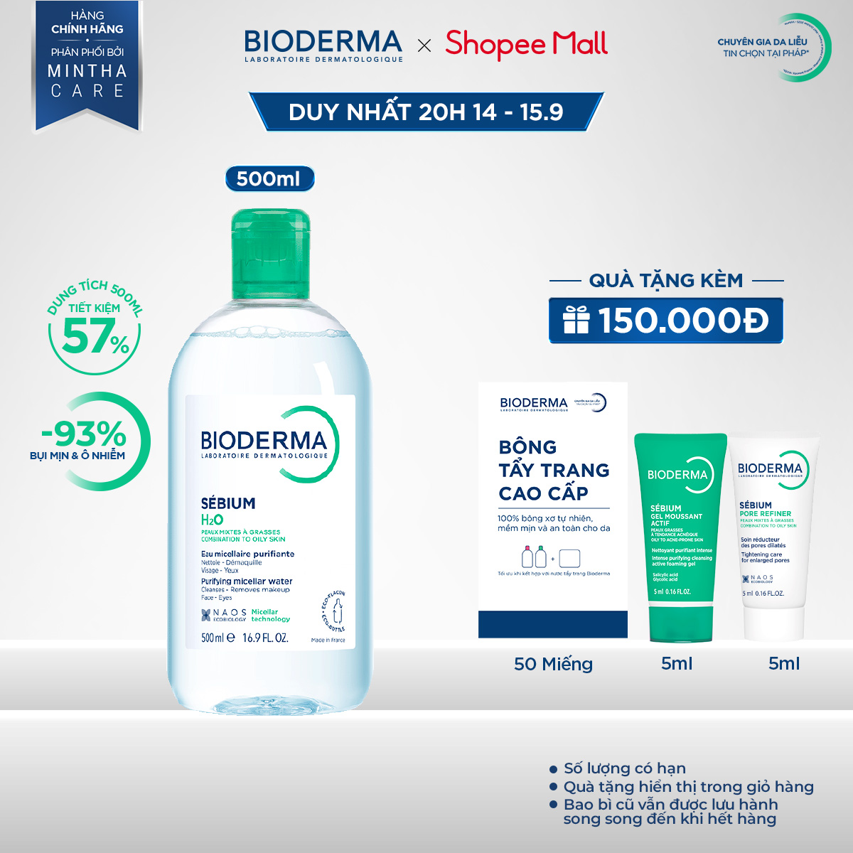 Dung dịch làm sạch và tẩy trang công nghệ Micellar cho da hỗn hợp, da dầu, và da mụn Bioderma Sebium H2O - 500ml