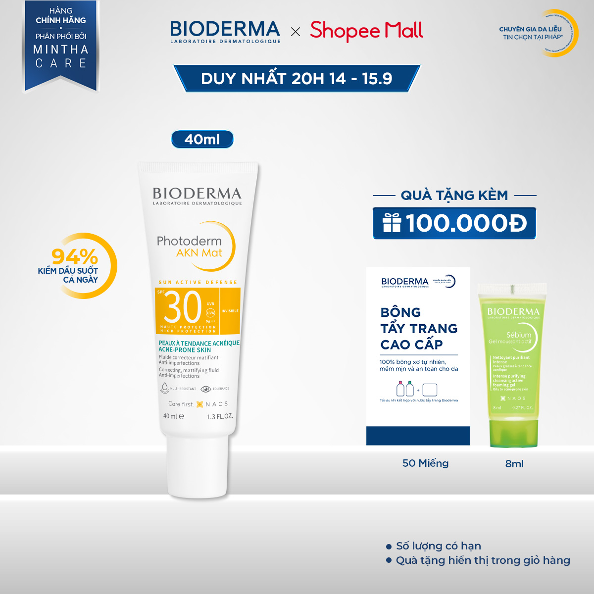 Chống nắng dành cho da mụn Bioderma Photoderm Akn Mat Spf30 - 40ml