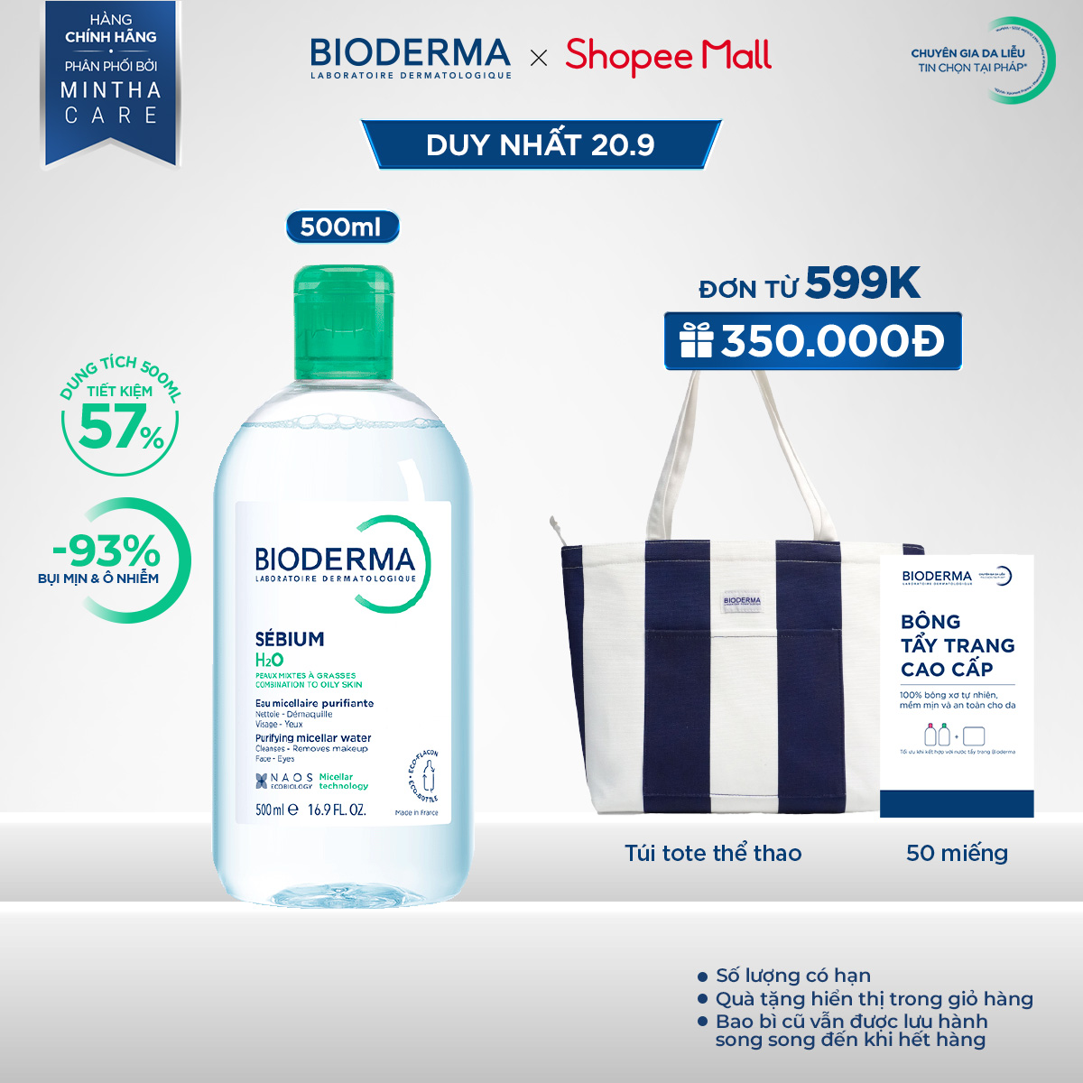 Dung dịch làm sạch và tẩy trang công nghệ Micellar cho da hỗn hợp, da dầu, và da mụn Bioderma Sebium H2O - 500ml