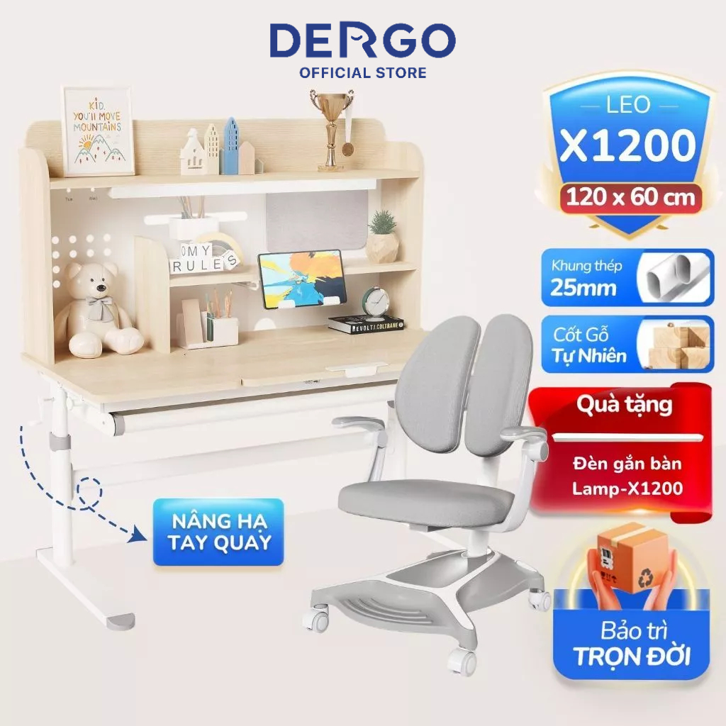 [Tặng đèn gắn bàn] Bộ Bàn Học Thông Minh Chống Gù 1m2 DERGO LEO X1200 Nâng Hạ Độ Cao, Giá Sách Lớn, Cốt Gỗ Tự Nhiên