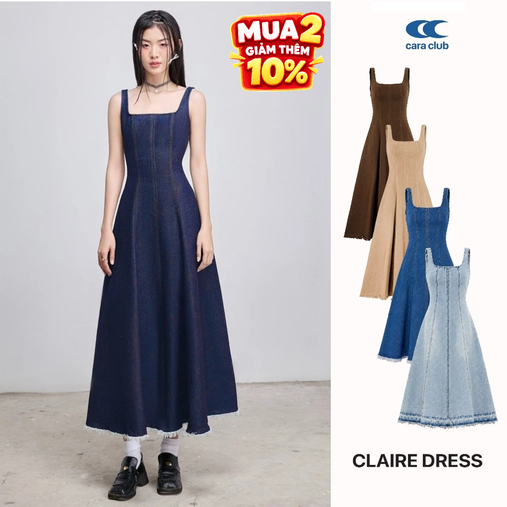 CARA Đầm jean dài hai dây Claire dáng xòe cổ vuông chiết eo cá tính