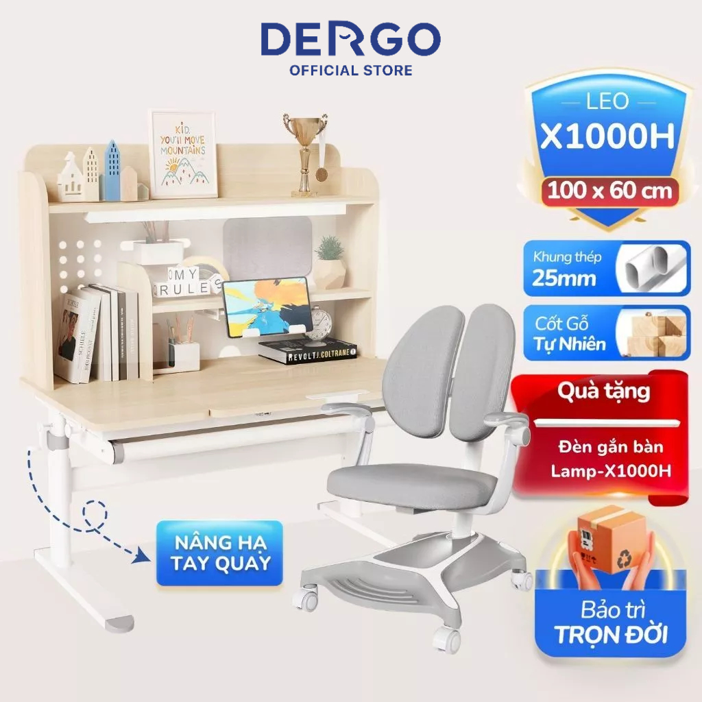 [TẶNG ĐÈN] Bộ Bàn Học DERGO LEO X1000H Thông Minh Chống Gù Chống Cận Cao Cấp Phù hợp Bé 3-14 Tuổi