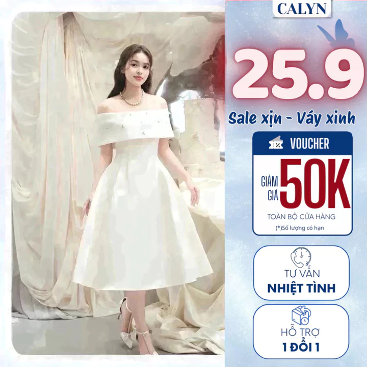 C10 Váy thiết kế CALYN kiểu dáng trễ vai đính đá đầm dự tiêc sang chảnh, váy tiểu thư nhẹ nhàng,váy nữ