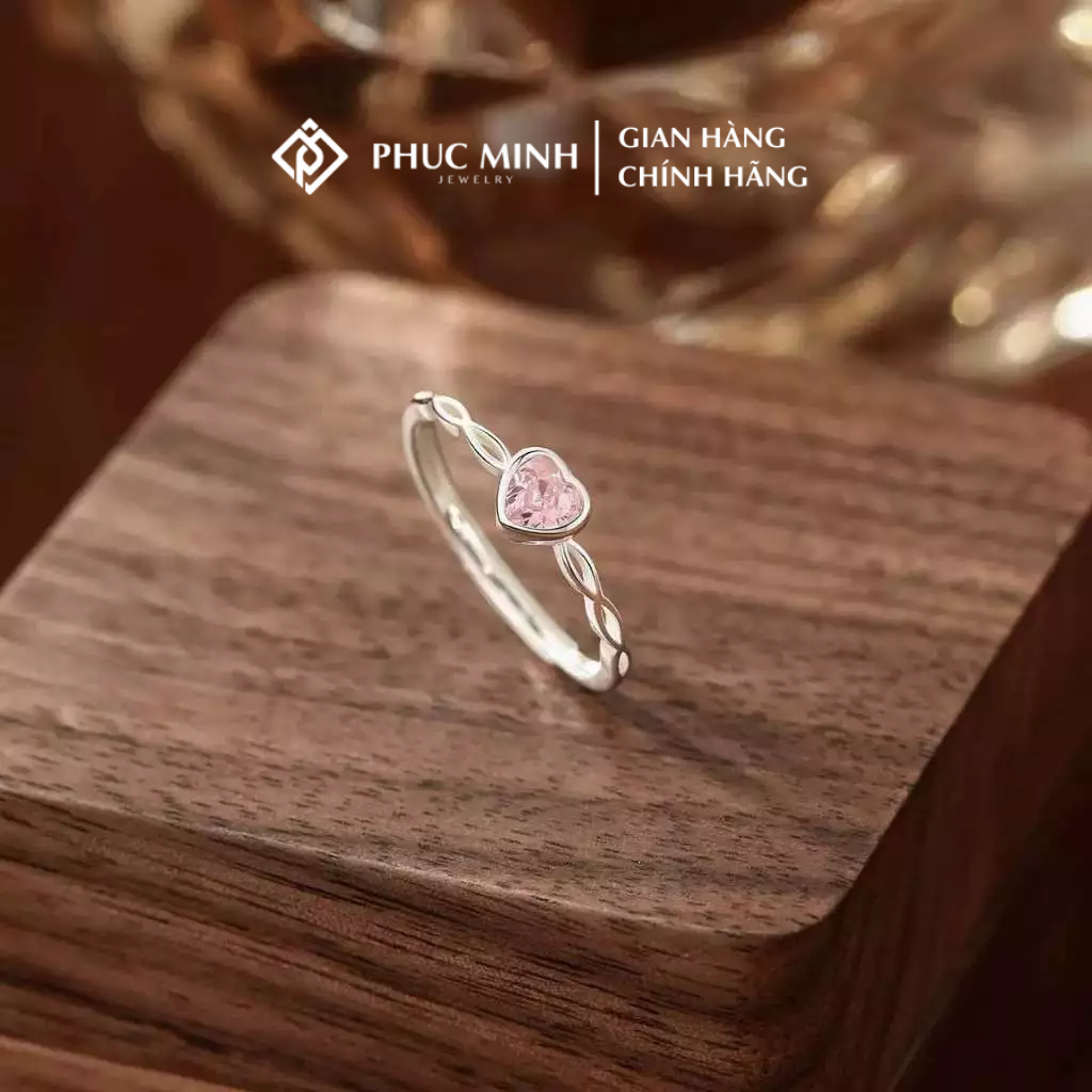 Nhẫn bạc PMJ nhẫn nữ S925 đính đá hình trái tim màu hồng freesize Phúc Minh Jewelry