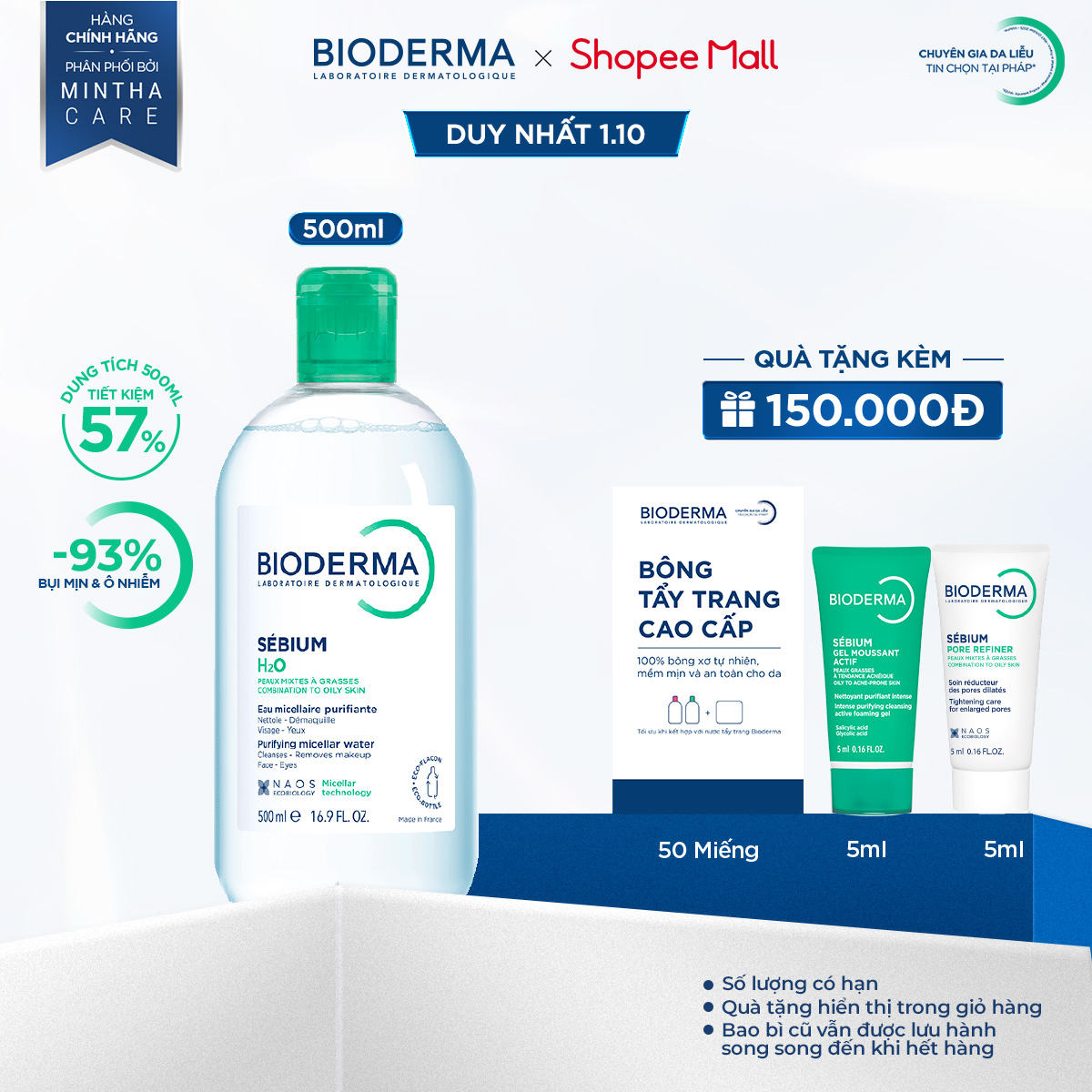 Dung dịch làm sạch và tẩy trang công nghệ Micellar cho da hỗn hợp, da dầu, và da mụn Bioderma Sebium H2O - 500ml