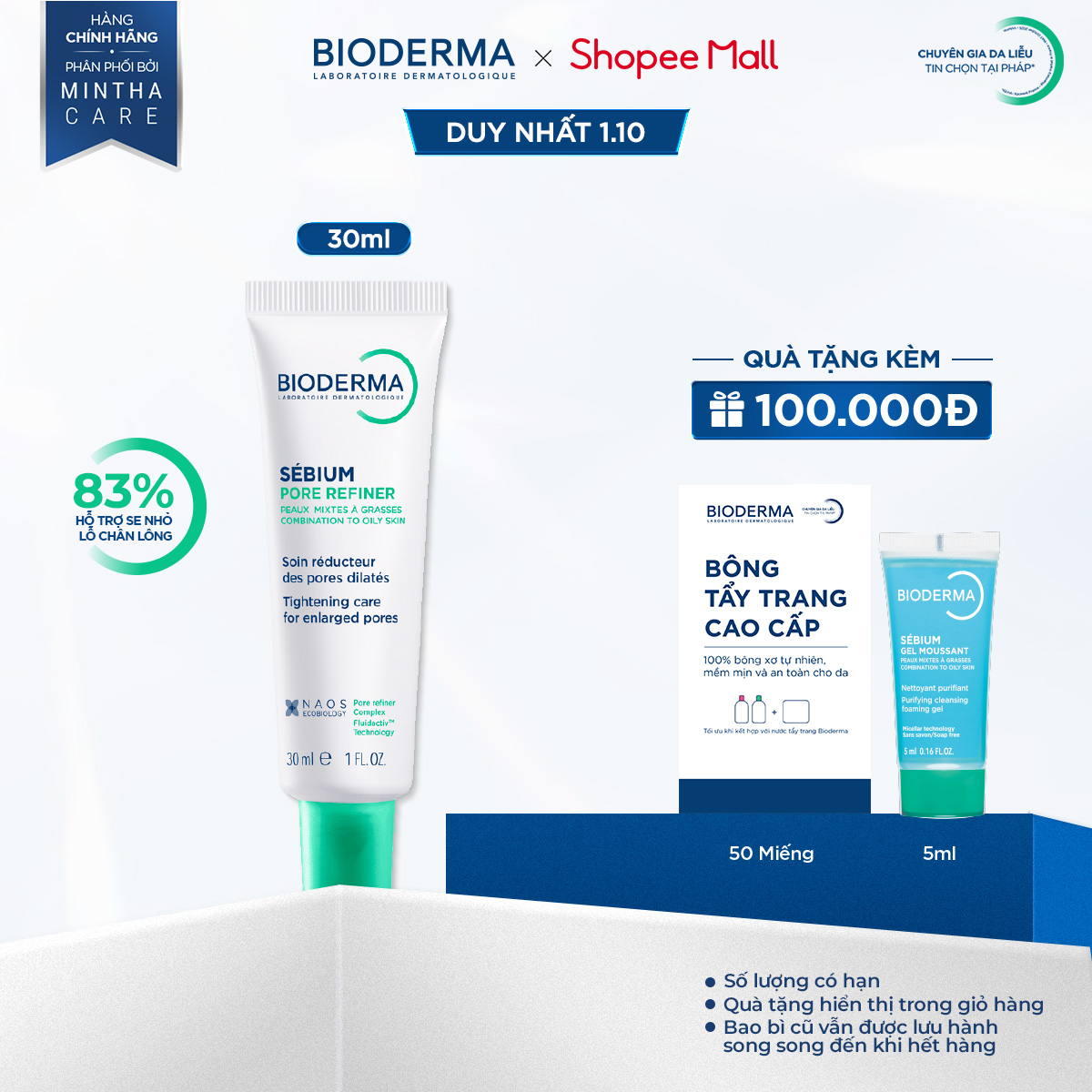 Kem se nhỏ lỗ chân lông kiểm soát dầu Bioderma Sebium Pore Refiner - 30ml