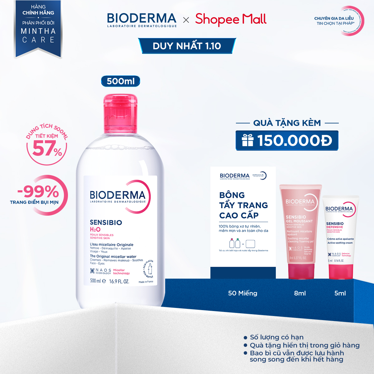 Dung dịch làm sạch và tẩy trang công nghệ Micellar cho da thường & nhạy cảm Bioderma Sensibio H2O - 500ml