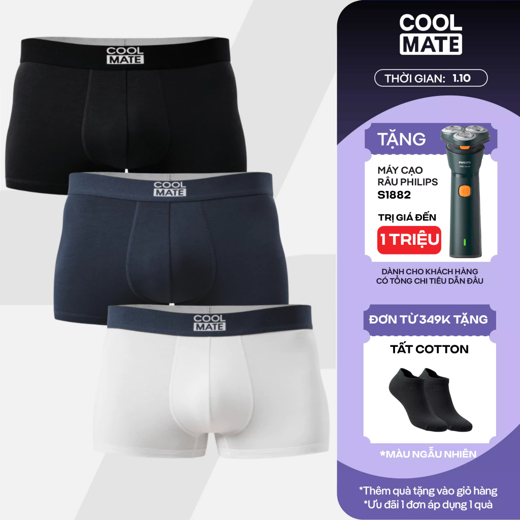 [1.10 TẶNG QUÀ ĐƠN 349K]Combo 3 quần lót nam dáng Trunk Bamboo mềm mại, kháng khuẩn, thấm hút tốt Coolmate