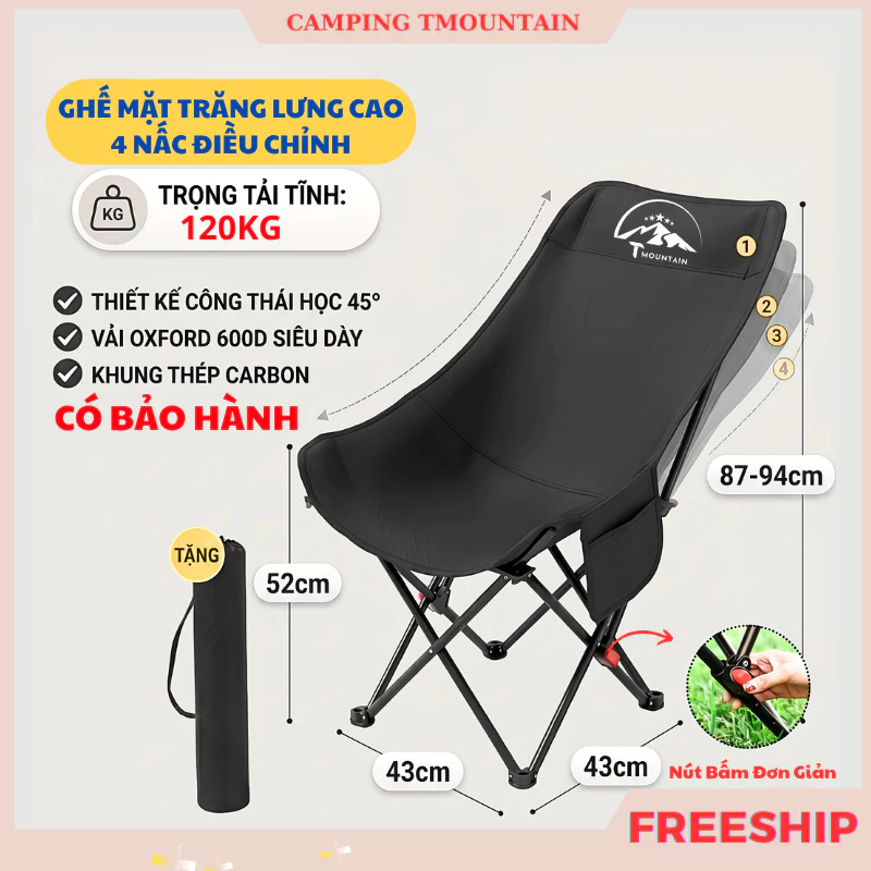 Ghế Camping Gấp Gọn Ngả Lưng Tmountain Chịu Lực Cao Cấp Dã Ngoại Du Lịch Ngoài Trời Nhỏ Gọn
