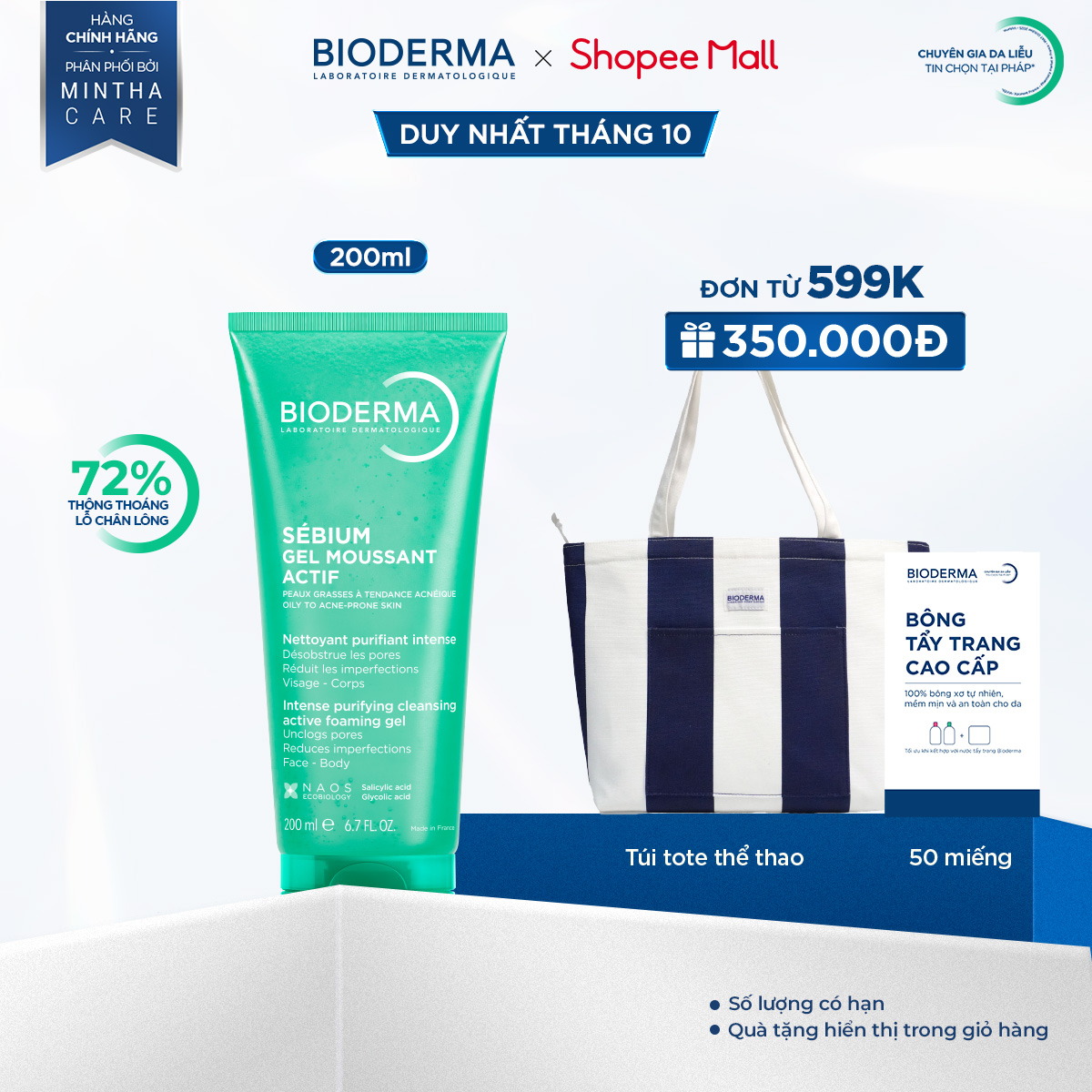 Gel rửa mặt làm sạch sâu và giảm mụn Bioderma Sébium Gel moussant actif - 200ml