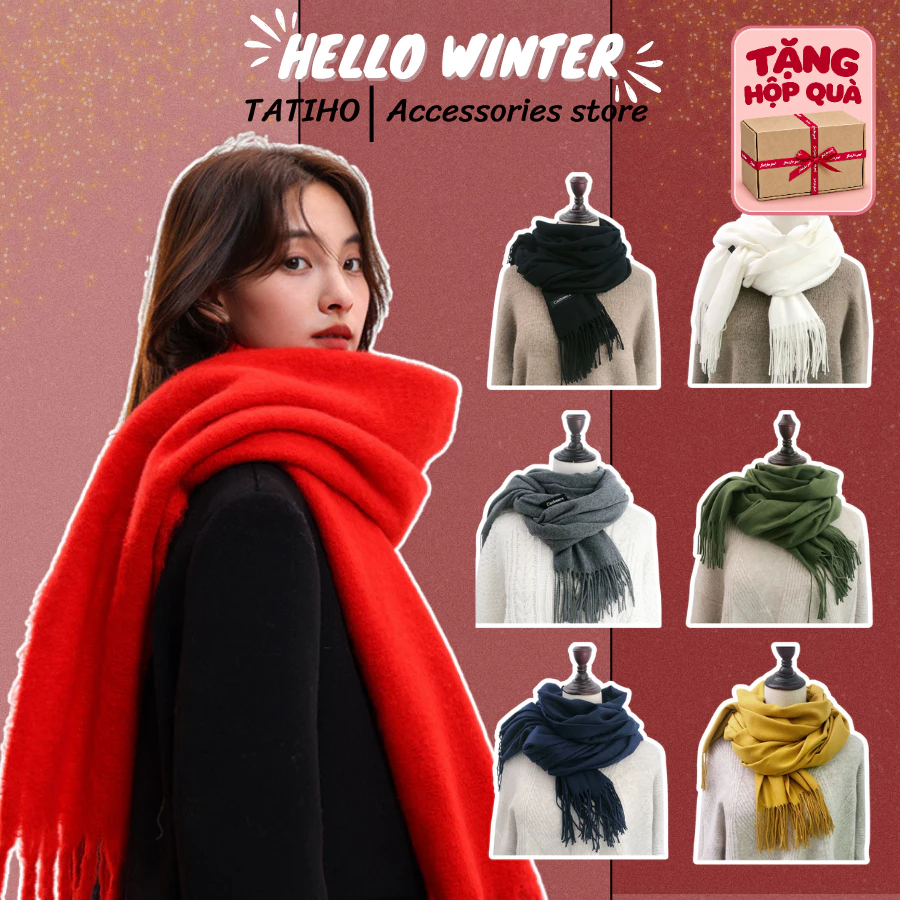 [TẶNG HỘP] Khăn Len Unisex Choàng Quàng Cổ Mùa Đông Cashmere Trơn Tua Rua Thời Trang Hàn Quốc Giữ Ấm Phối Đồ - Mã LN02
