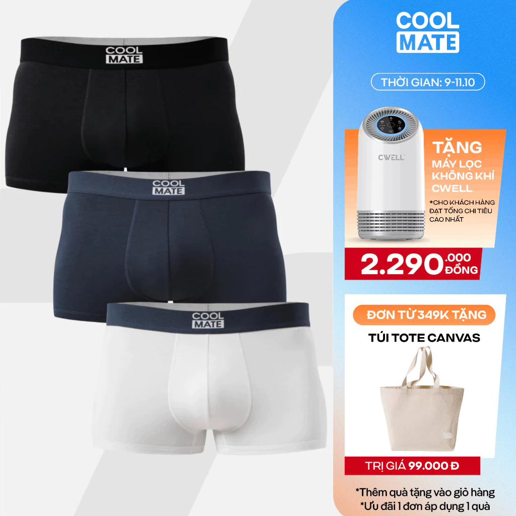 [TẶNG QUÀ ĐƠN 349K]Combo 3 quần lót nam dáng Trunk Bamboo mềm mại, kháng khuẩn, thấm hút tốt Coolmate